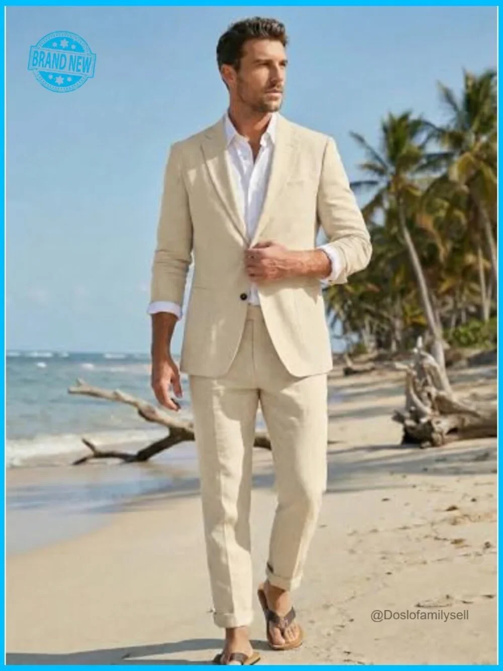 Men's Linen Suit Two Piece Set Modern Fitted Blazer Pants Wedding Formal